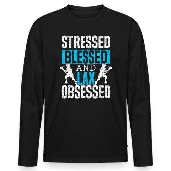 Gestresster, gesegneter und laxer besessener Lacrosse-Liebhaber - Männer Premium Bio Langarmshirt - Schwarz - Vorne - Nico (187cm)