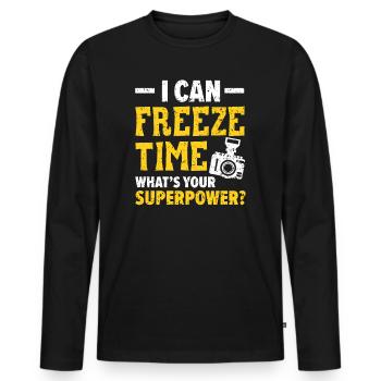 Ich kann die Zeit einfrieren, was ist Ihre Superpower-Kamera - Männer Premium Bio Langarmshirt - Schwarz - Vorne - Nico (187cm)