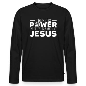 There Is Power In The Name Of Jesus Christian - Men's Premium Organic Long Sleeve Shirt - black - Front - Nico (187cm)