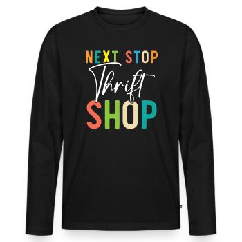 Nächster Halt Secondhand-Shop Sparsame Schnäppchenjagd - Männer Premium Bio Langarmshirt - Schwarz - Vorne - Nico (187cm)