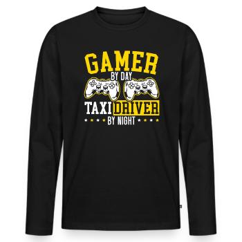 Joueur le jour Chauffeur de taxi Par chauffeur de taxi de nuit - T-shirt manches longues Premium bio Homme - noir - Devant - Nico (187cm)