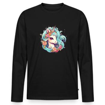Comic Einhorn mit Blumen im Haar - Männer Premium Bio Langarmshirt - Schwarz - Vorne - Nico (187cm)