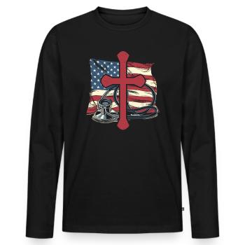 Christian Nurse RN USA Flag Nursing Christianity - Men's Premium Organic Long Sleeve Shirt - black - Front - Nico (187cm)