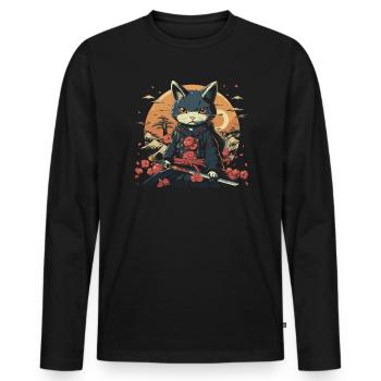 Chat samouraï japonais Japon Esthétique Amoureux des chats - T-shirt manches longues Premium bio Homme - noir - Devant - Nico (187cm)