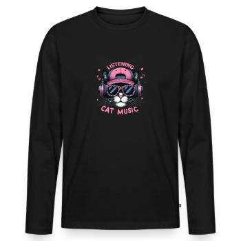 Chat comique avec des écouteurs et des lunettes de soleil à l’écoute - T-shirt manches longues Premium bio Homme - noir - Devant - Nico (187cm)