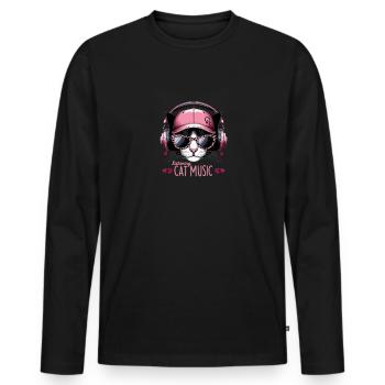 Chat de dessin animé avec des écouteurs et des lunettes de soleil - T-shirt manches longues Premium bio Homme - noir - Devant - Nico (187cm)