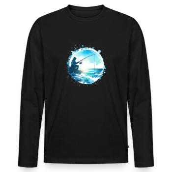 Angler mit Angel fischt am Meer - Männer Premium Bio Langarmshirt - Schwarz - Vorne - Nico (187cm)