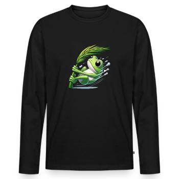 Comic frog clinging to blade of grass - Men's Premium Organic Long Sleeve Shirt - black - Front - Nico (187cm)