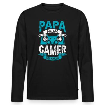 PAPA AM TAG GAMER BEI NACHT | Vater Gaming Zocker - Männer Premium Bio Langarmshirt - Schwarz - Vorne - Nico (187cm)