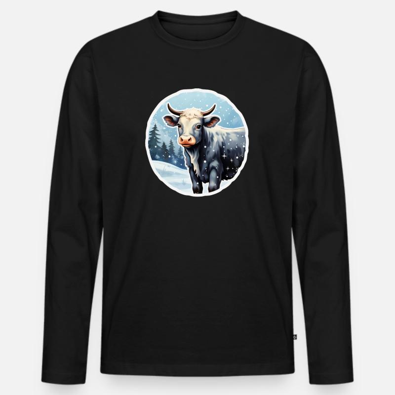Rind auf winterlicher Alm - Männer Premium Bio Langarmshirt - Schwarz
