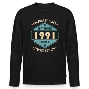 Septembre 1991 Vintage Retro Anniversaire - T-shirt manches longues Premium bio Homme - noir - Devant - Nico (187cm)
