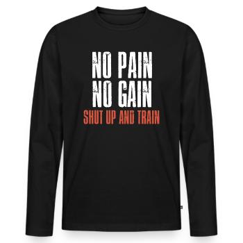 NO PAIN NO GAIN - Männer Premium Bio Langarmshirt - Schwarz - Vorne - Nico (187cm)