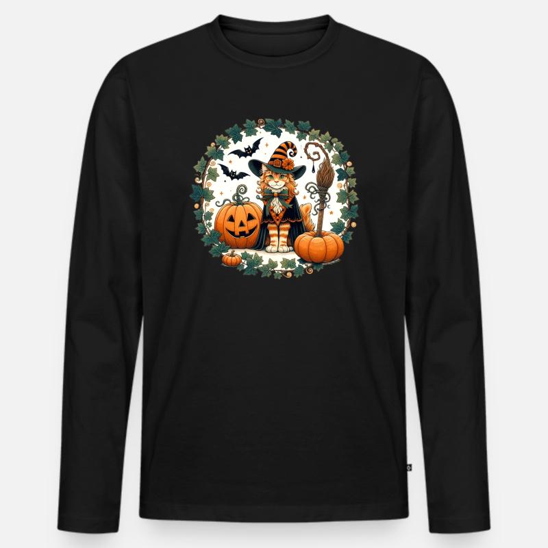 Halloween Ingwer Katze - Männer Premium Bio Langarmshirt - Schwarz