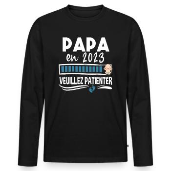 Papa 2023 Bébé Naissance Père Cadeau Humour - T-shirt manches longues Premium bio Homme - noir - Devant - Nico (187cm)