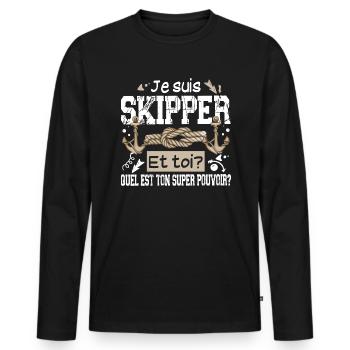 Skipper Super Pouvoir Mer Marin Capitaine Bateau - T-shirt manches longues Premium bio Homme - noir - Devant - Nico (187cm)