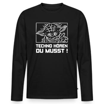 TECHNO HÖREN DU MUSST ! + - Männer Premium Bio Langarmshirt - Schwarz - Vorne - Nico (187cm)