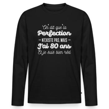 perfection 80 ans / humour anniversaire 80 ans - T-shirt manches longues Premium bio Homme - noir - Devant - Nico (187cm)