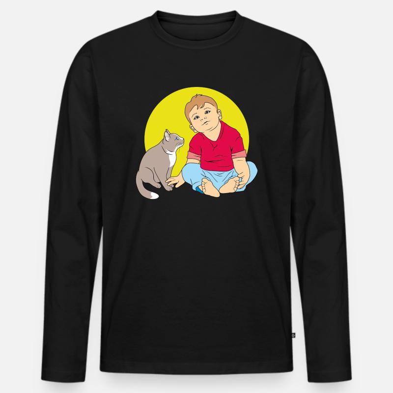 Junge spricht mit Katze - Männer Premium Bio Langarmshirt - Schwarz