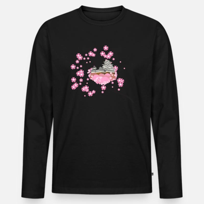 Kirschblüten Tempel Design Sakura - Männer Premium Bio Langarmshirt - Schwarz