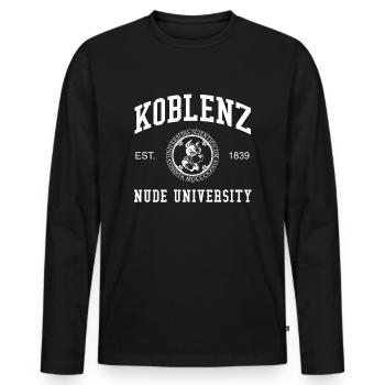 Koblenz Nude University Hochschule Universität Uni - Männer Premium Bio Langarmshirt - Schwarz - Vorne - Nico (187cm)