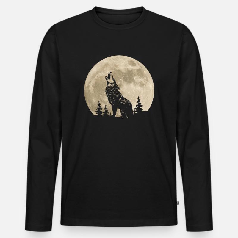 Wolf Mond Wald - Männer Premium Bio Langarmshirt - Schwarz