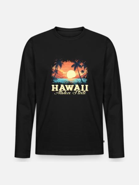 Anni '70 '80 Hawaiian Island Palm Beach - Grande - Maglia a manica lunga ecologica premium da uomo - nero