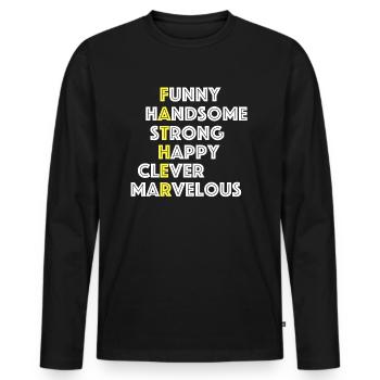 Père | drôle, beau, fort, heureux - T-shirt manches longues Premium bio Homme - noir - Devant - Nico (187cm)