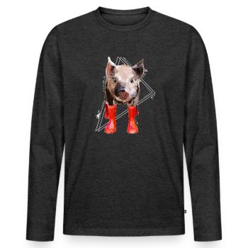 Low Poly Art: Schweinchen Funshirt & Gummistiefel - Männer Premium Bio Langarmshirt - Anthrazit meliert - Vorne - Nico (187cm)