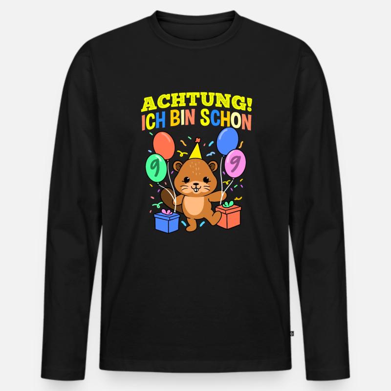 Achtung Ich Bin Schon 9 Geburtstag Biber - Männer Premium Bio Langarmshirt - Schwarz