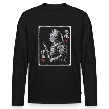 Chat Samouraï en Ukiyo-e japonais - T-shirt manches longues Premium bio Homme - noir - Devant - Nico (187cm)