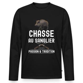 Chasse au sanglier cadeau papa chasseur - T-shirt manches longues Premium bio Homme - noir - Devant - Nico (187cm)