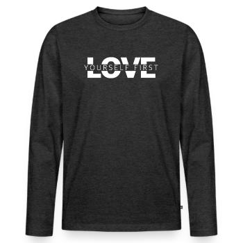 Love Yourself First | Motivation, self-love - Men's Premium Organic Long Sleeve Shirt - heather anthracite - Front - Nico (187cm)