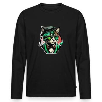 Pop art cat with glasses and suit - Men's Premium Organic Long Sleeve Shirt - black - Front - Nico (187cm)