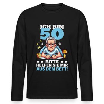 ICH BIN 50 BITTE HELFEN SIE MIR AUS DEM BETT - Männer Premium Bio Langarmshirt - Schwarz - Vorne - Nico (187cm)