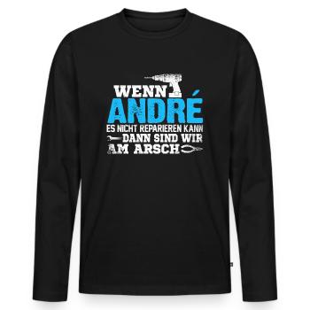 ANDRÉ - kann es reparieren - Männer Premium Bio Langarmshirt - Schwarz - Vorne - Nico (187cm)