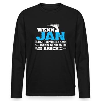 JAN - kann es reparieren - Männer Premium Bio Langarmshirt - Schwarz - Vorne - Nico (187cm)