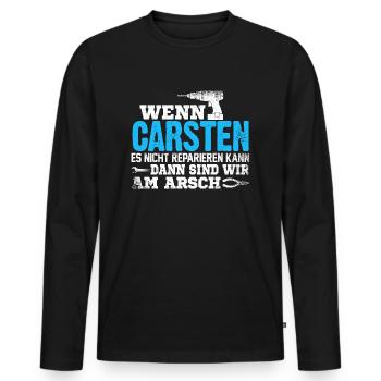 CARSTEN - kann es reparieren - Männer Premium Bio Langarmshirt - Schwarz - Vorne - Nico (187cm)