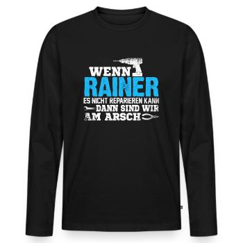 RAINER - kann es reparieren - Männer Premium Bio Langarmshirt - Schwarz - Vorne - Nico (187cm)