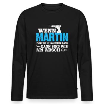 MARTIN - kann es reparieren - Männer Premium Bio Langarmshirt - Schwarz - Vorne - Nico (187cm)