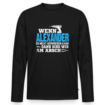 ALEXANDER - kann es reparieren - Männer Premium Bio Langarmshirt - Schwarz - Vorne - Nico (187cm)
