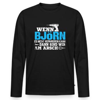 BJÖRN - kann es reparieren - Männer Premium Bio Langarmshirt - Schwarz - Vorne - Nico (187cm)