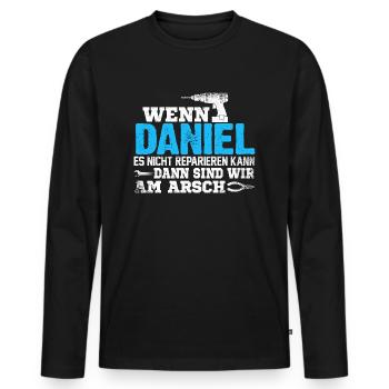 DANIEL - kann es reparieren - Männer Premium Bio Langarmshirt - Schwarz - Vorne - Nico (187cm)