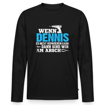 DENNIS - kann es reparieren - Männer Premium Bio Langarmshirt - Schwarz - Vorne - Nico (187cm)
