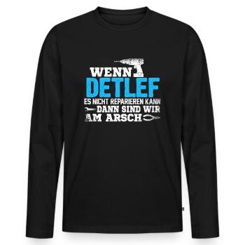 DETLEF - kann es reparieren - Männer Premium Bio Langarmshirt - Schwarz - Vorne - Nico (187cm)