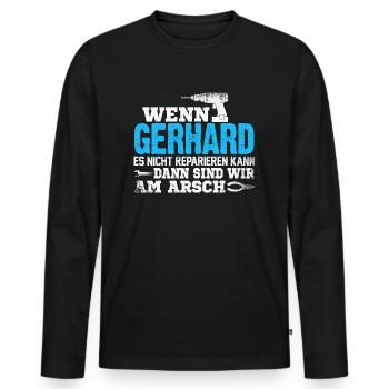 GERHARD - kann es reparieren - Männer Premium Bio Langarmshirt - Schwarz - Vorne - Nico (187cm)