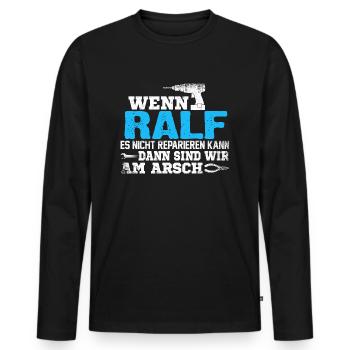 RALF - kann es reparieren - Männer Premium Bio Langarmshirt - Schwarz - Vorne - Nico (187cm)