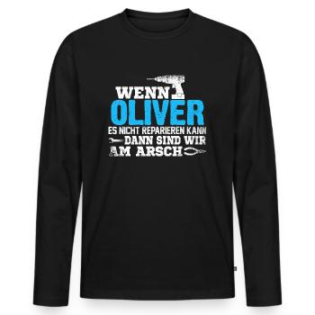 OLIVER - kann es reparieren - Männer Premium Bio Langarmshirt - Schwarz - Vorne - Nico (187cm)