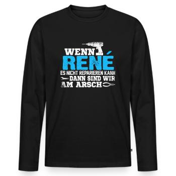 RENÉ - kann es reparieren - Männer Premium Bio Langarmshirt - Schwarz - Vorne - Nico (187cm)