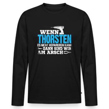 THORSTEN - kann es reparieren - Männer Premium Bio Langarmshirt - Schwarz - Vorne - Nico (187cm)