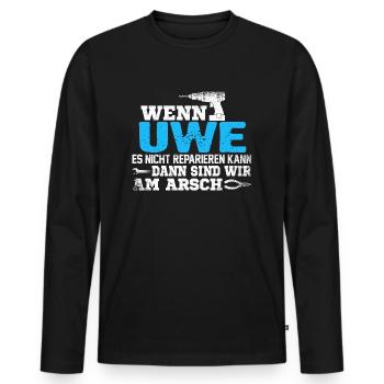 UWE - kann es reparieren - Männer Premium Bio Langarmshirt - Schwarz - Vorne - Nico (187cm)